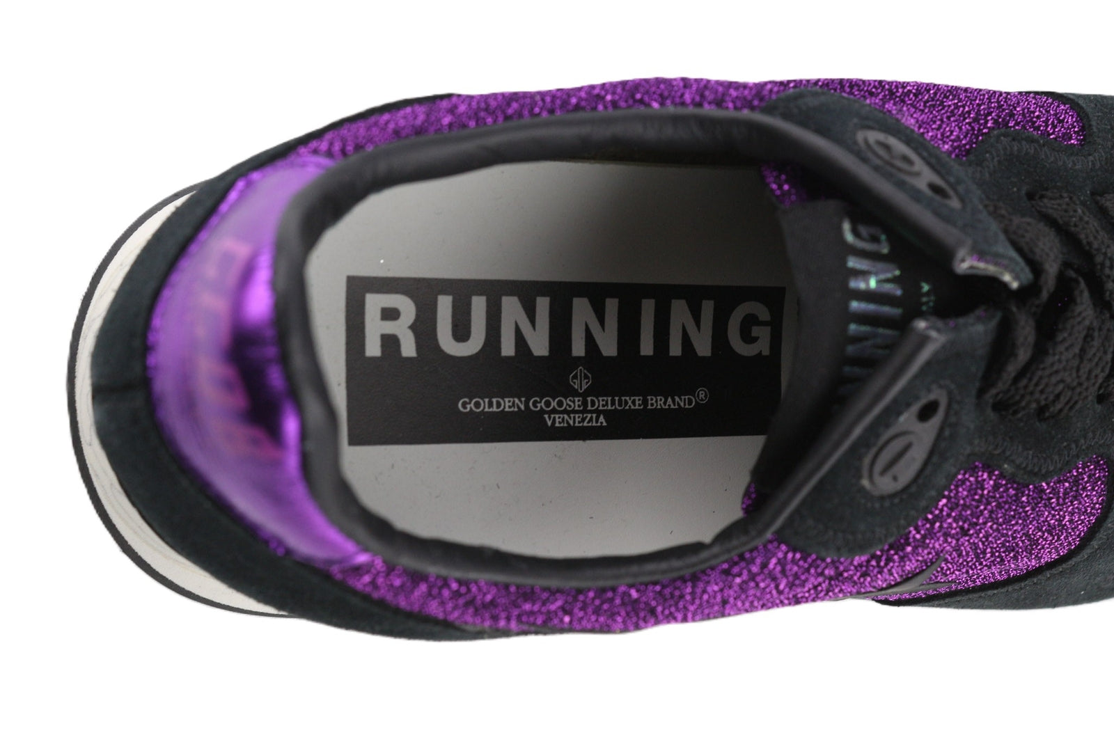 „GOLDEN GOOSE“ bėgimo bateliai moterims, 39 dydžio, violetiniai, juodi, odiniai, su blizgančiais raišteliais. 