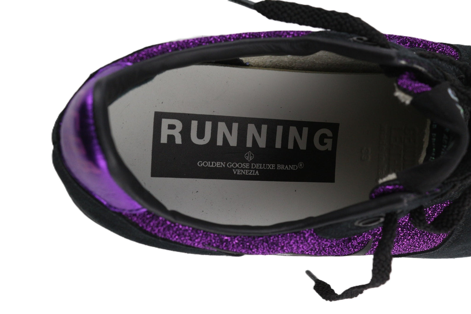 „GOLDEN GOOSE“ bėgimo bateliai moterims, 39 dydžio, violetinės juodos odos, blizgantys sportbačiai. 