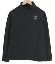 GYMSHARK B1A9R moteriškas džemperis L dydžio, juodas, ilgomis rankovėmis, su pusiau užtrauktuku, tamprus treniruočių marškinėliai 