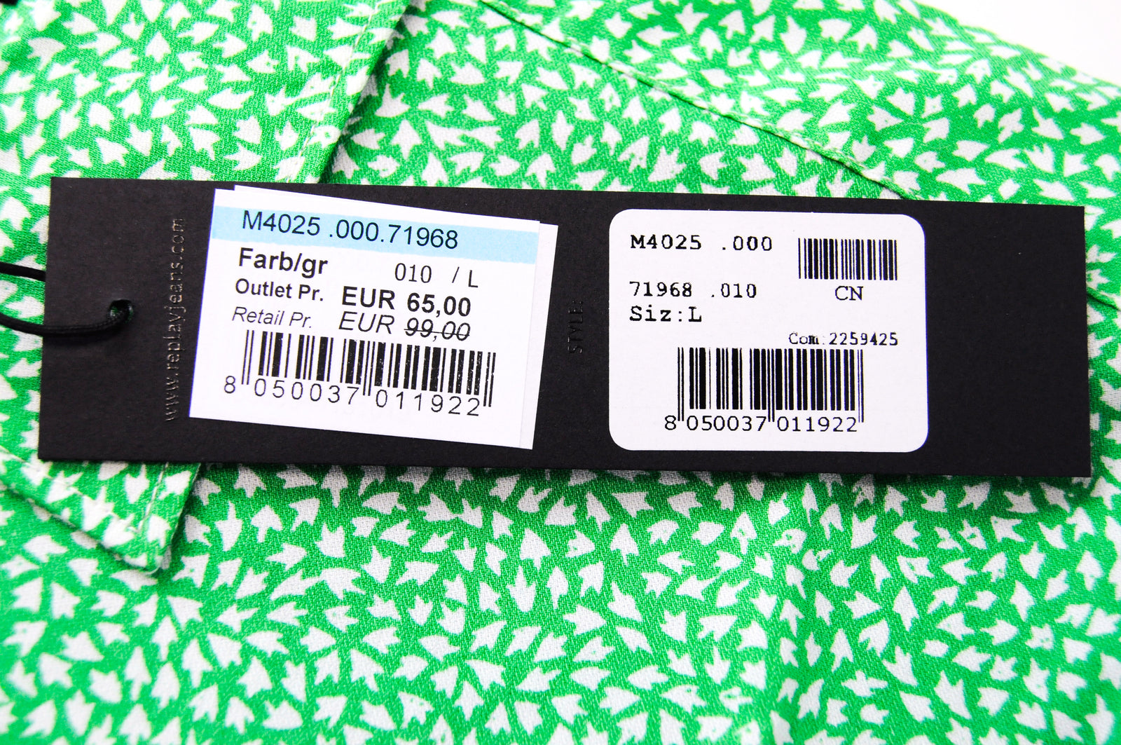 REPLAY vyriški žali marškinėliai L raštuoti iškirpte, apykakle, grynos medvilnės ilgomis rankovėmis