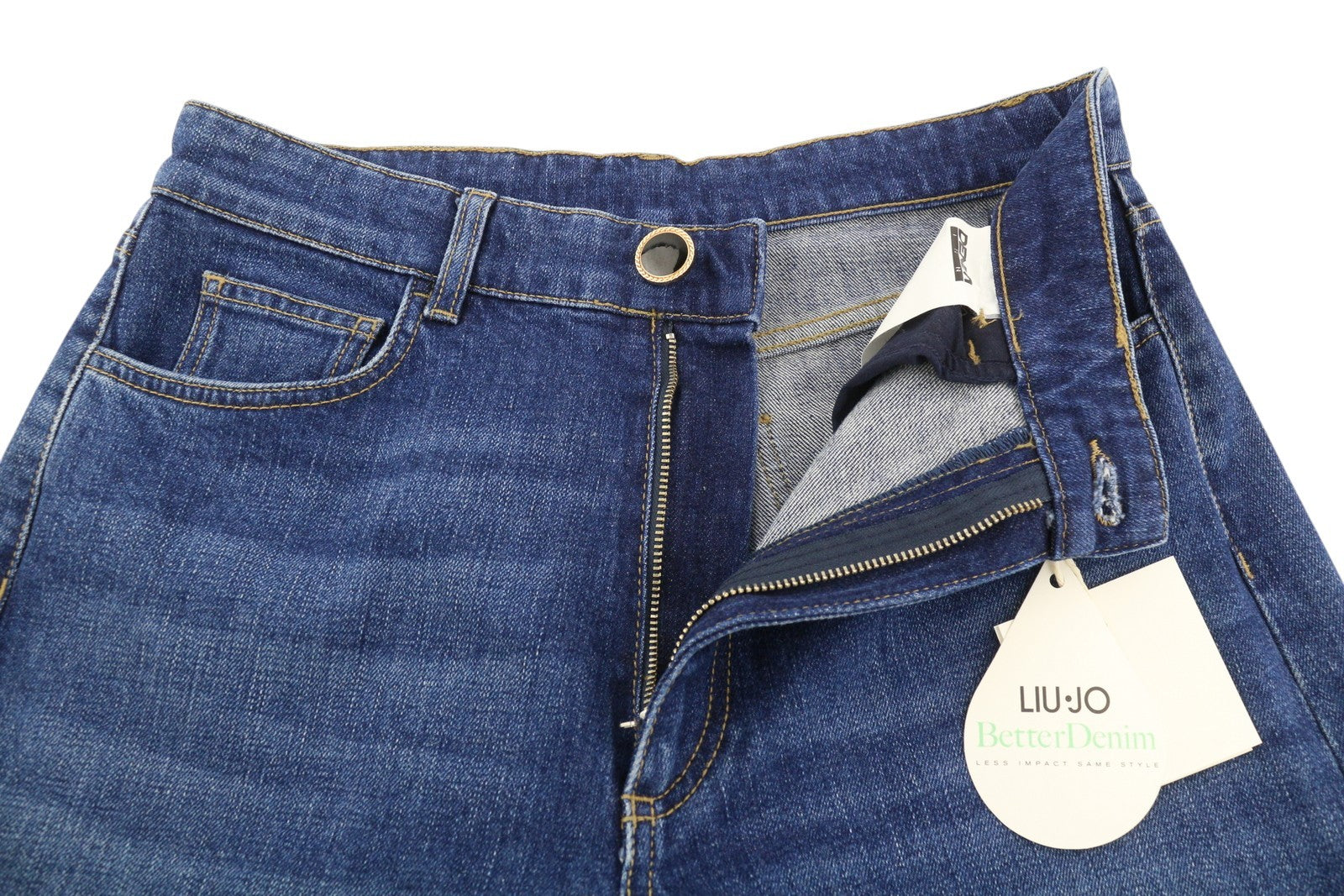 LIU JO moteriški džinsai W27 Washed Denim Blue Straight Fit aukštu juosmeniu su užtrauktuku ir logotipu 