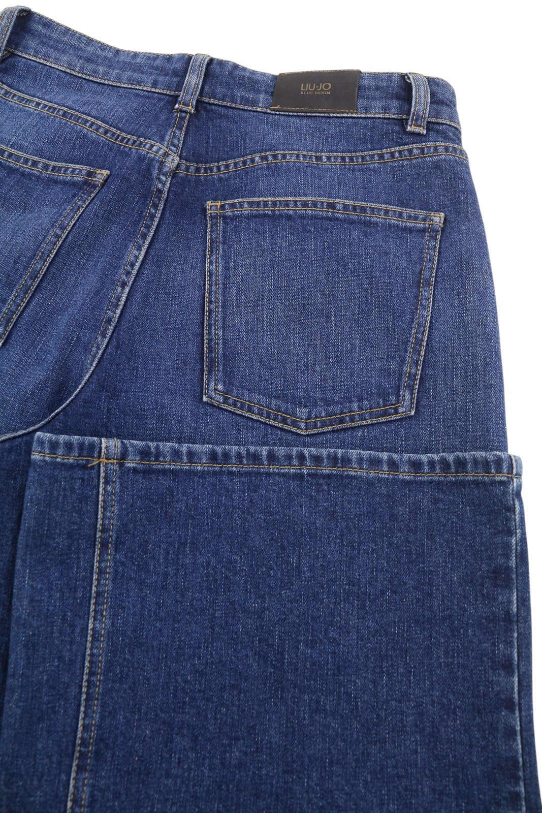 LIU JO moteriški džinsai W27 Washed Denim Blue Straight Fit aukštu juosmeniu su užtrauktuku ir logotipu 