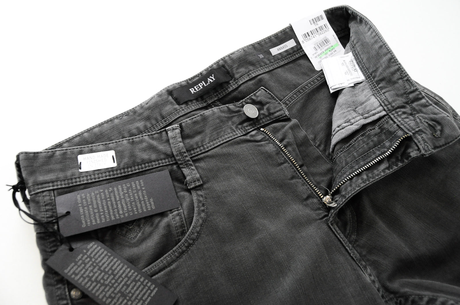 REPLAY Anbass vyriški W30/L34 pilki ploni džinsai iš medvilnės, tamprūs, 5 kišenių 