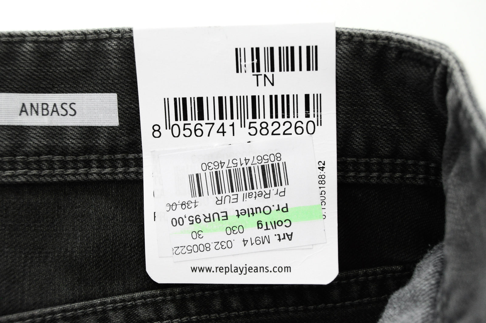 REPLAY Anbass vyriški W30/L34 pilki ploni džinsai iš medvilnės, tamprūs, 5 kišenių 