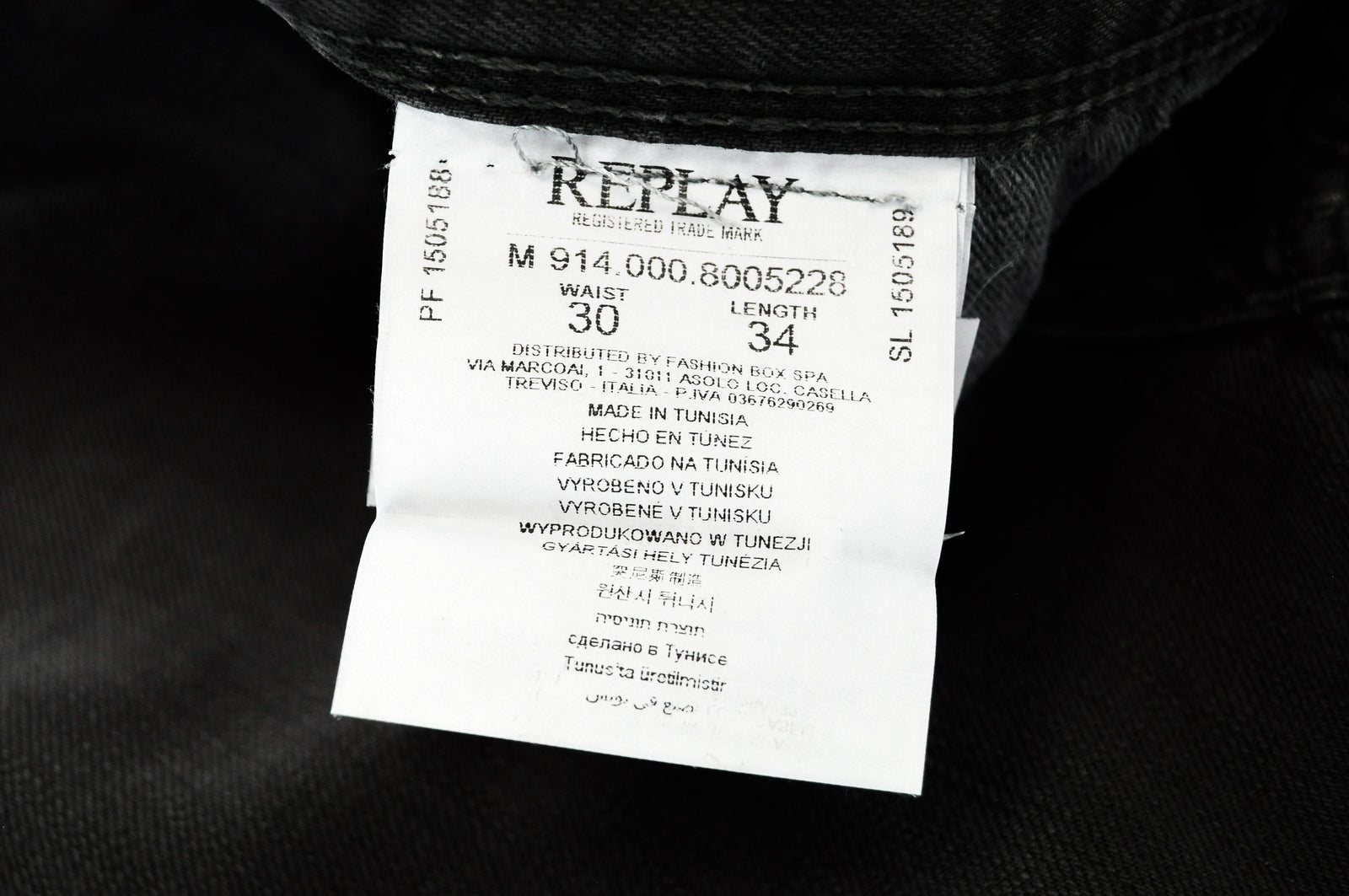 REPLAY Anbass vyriški W30/L34 pilki ploni džinsai iš medvilnės, tamprūs, 5 kišenių 