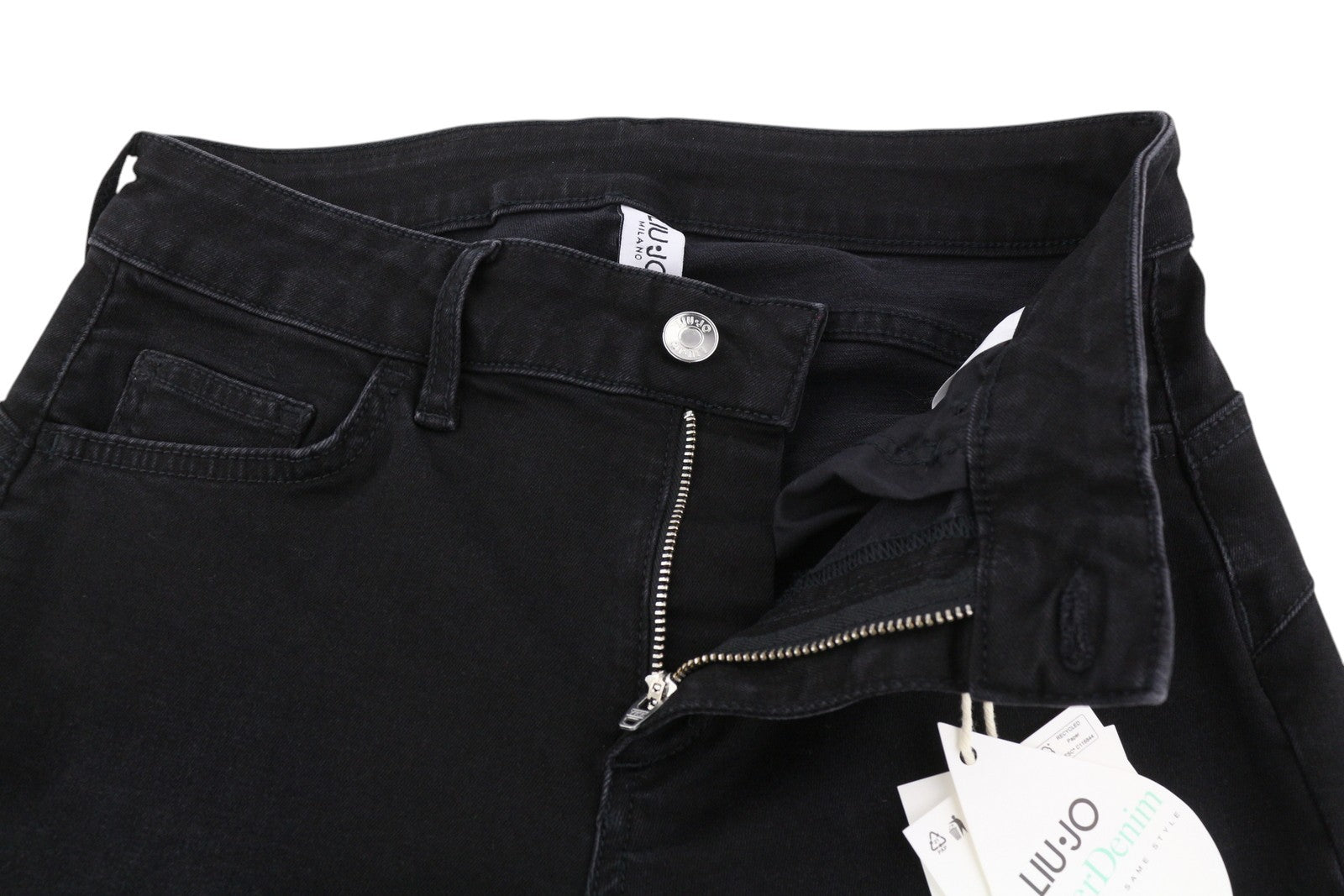 LIU JO Fly Women Jeans W28 Black Denim Bootcut Fit Ankle Length Zip Fly Logo