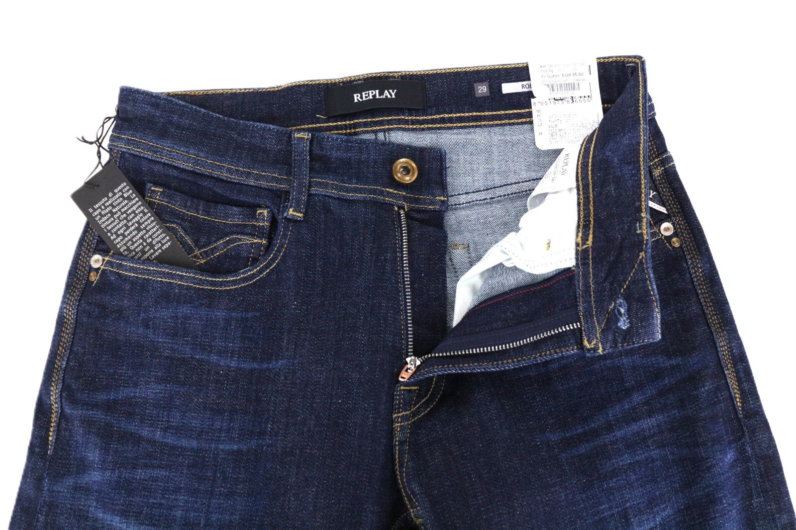 REPLAY Rob W29 L32 mėlyni tiesūs siaurėjantys vyriški džinsai iš tamprios medvilnės 