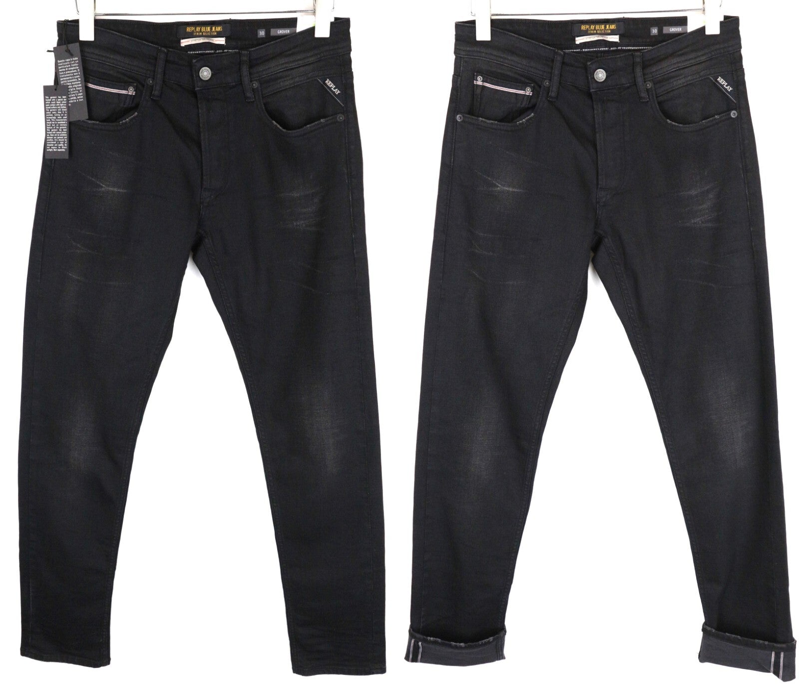 REPLAY Grover W30 L34 Black Selvedge Jeans Men's Washed Straight Fit Stretch