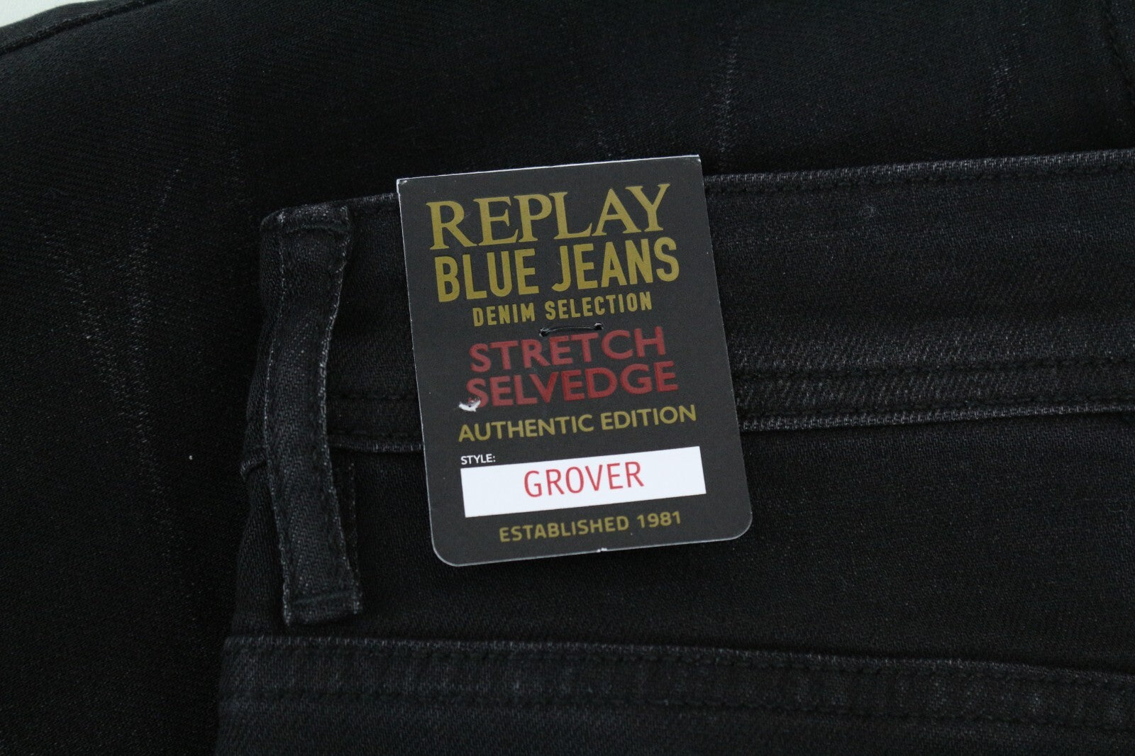 REPLAY Grover W30 L34 Black Selvedge Jeans Men's Washed Straight Fit Stretch