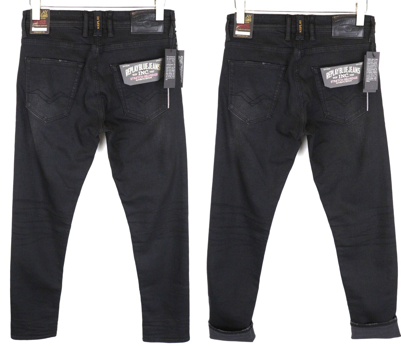 REPLAY Grover W30 L34 Black Selvedge Jeans Men's Washed Straight Fit Stretch