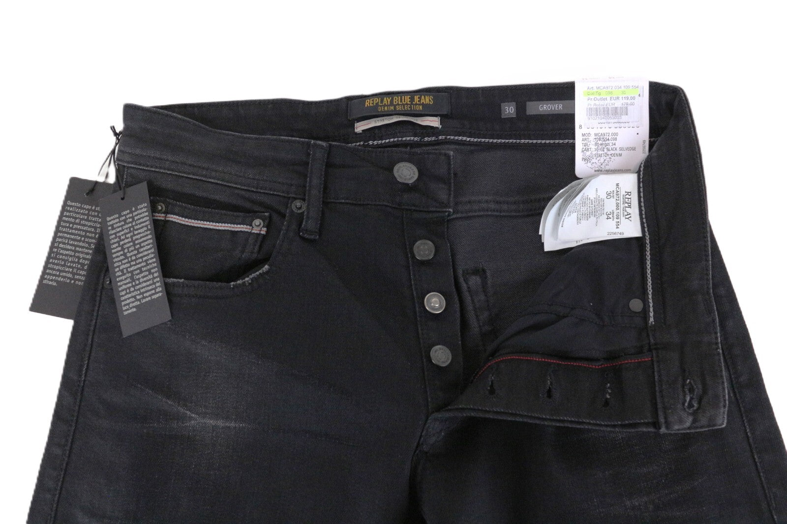 REPLAY Grover W30 L34 Black Selvedge Jeans Men's Washed Straight Fit Stretch