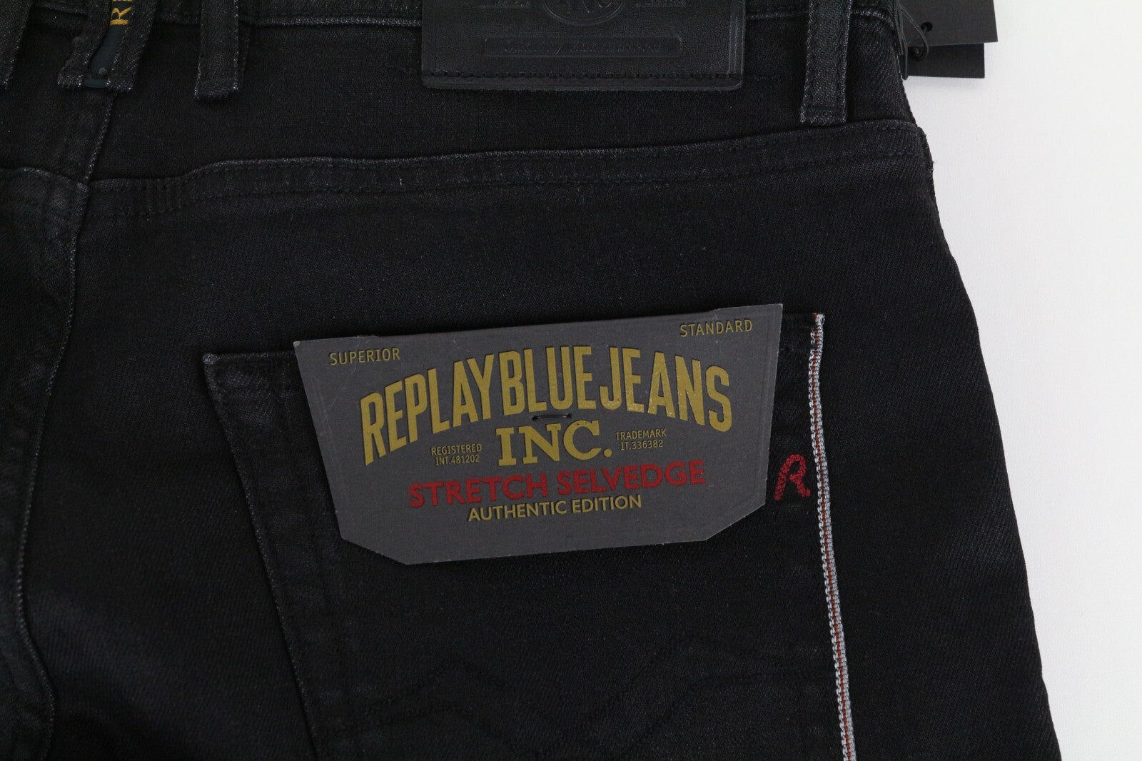 REPLAY Grover W30 L34 Black Selvedge Jeans Men's Washed Straight Fit Stretch