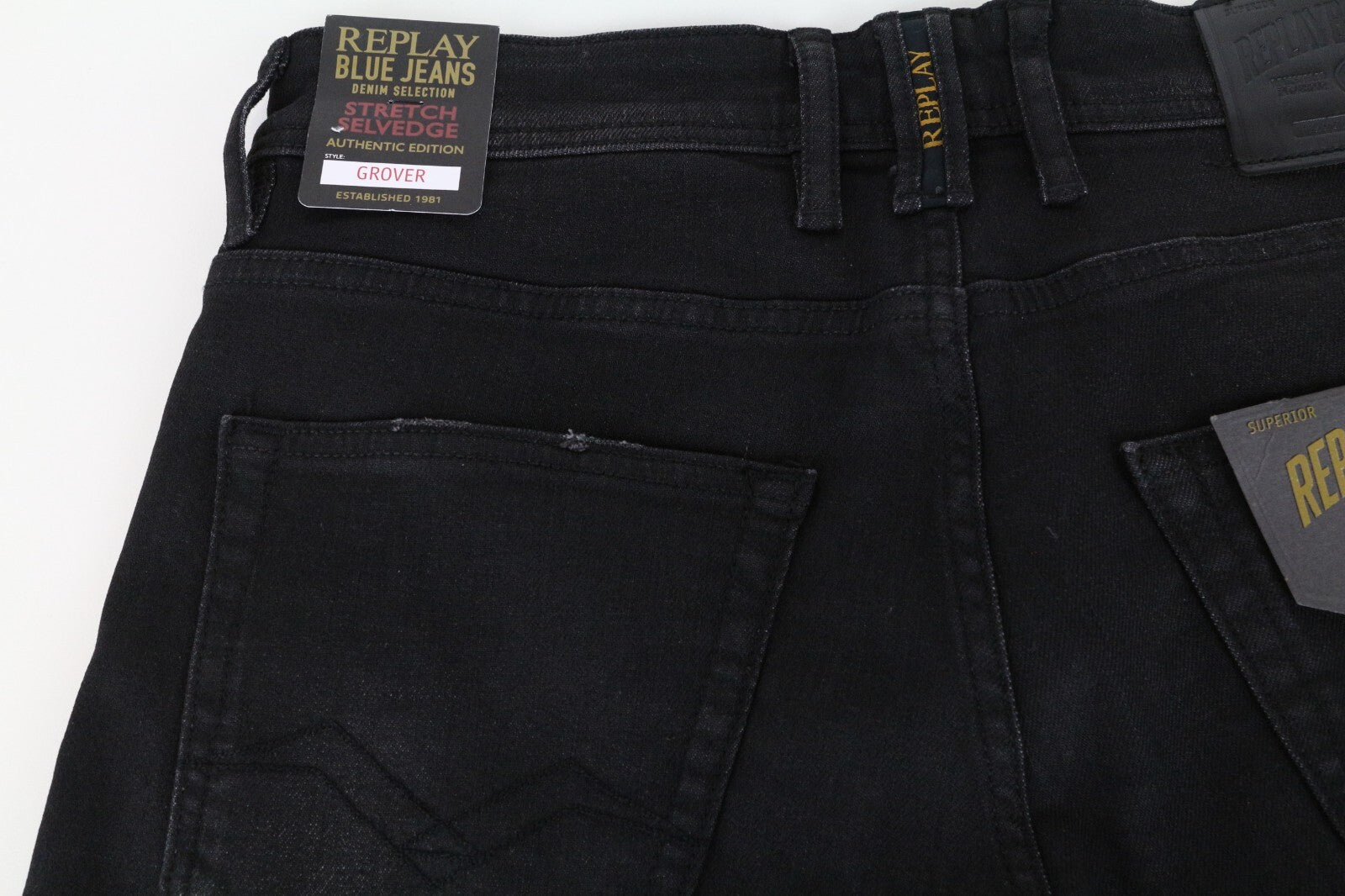 REPLAY Grover W30 L34 Black Selvedge Jeans Men's Washed Straight Fit Stretch