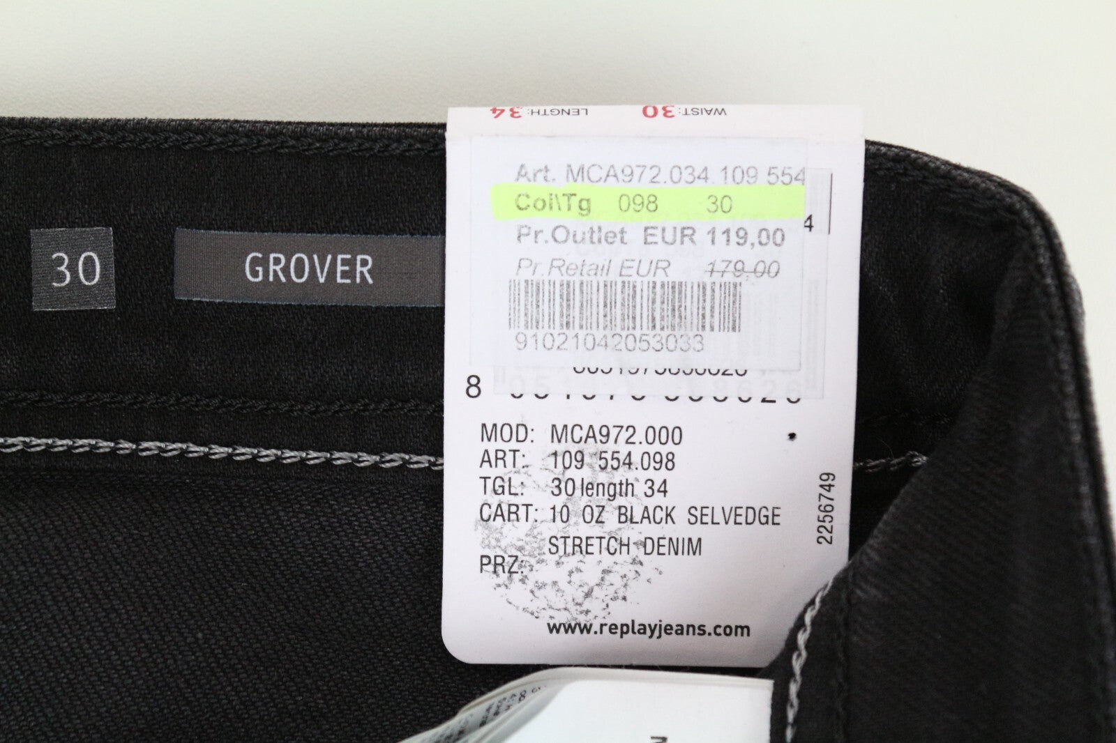 REPLAY Grover W30 L34 Black Selvedge Jeans Men's Washed Straight Fit Stretch