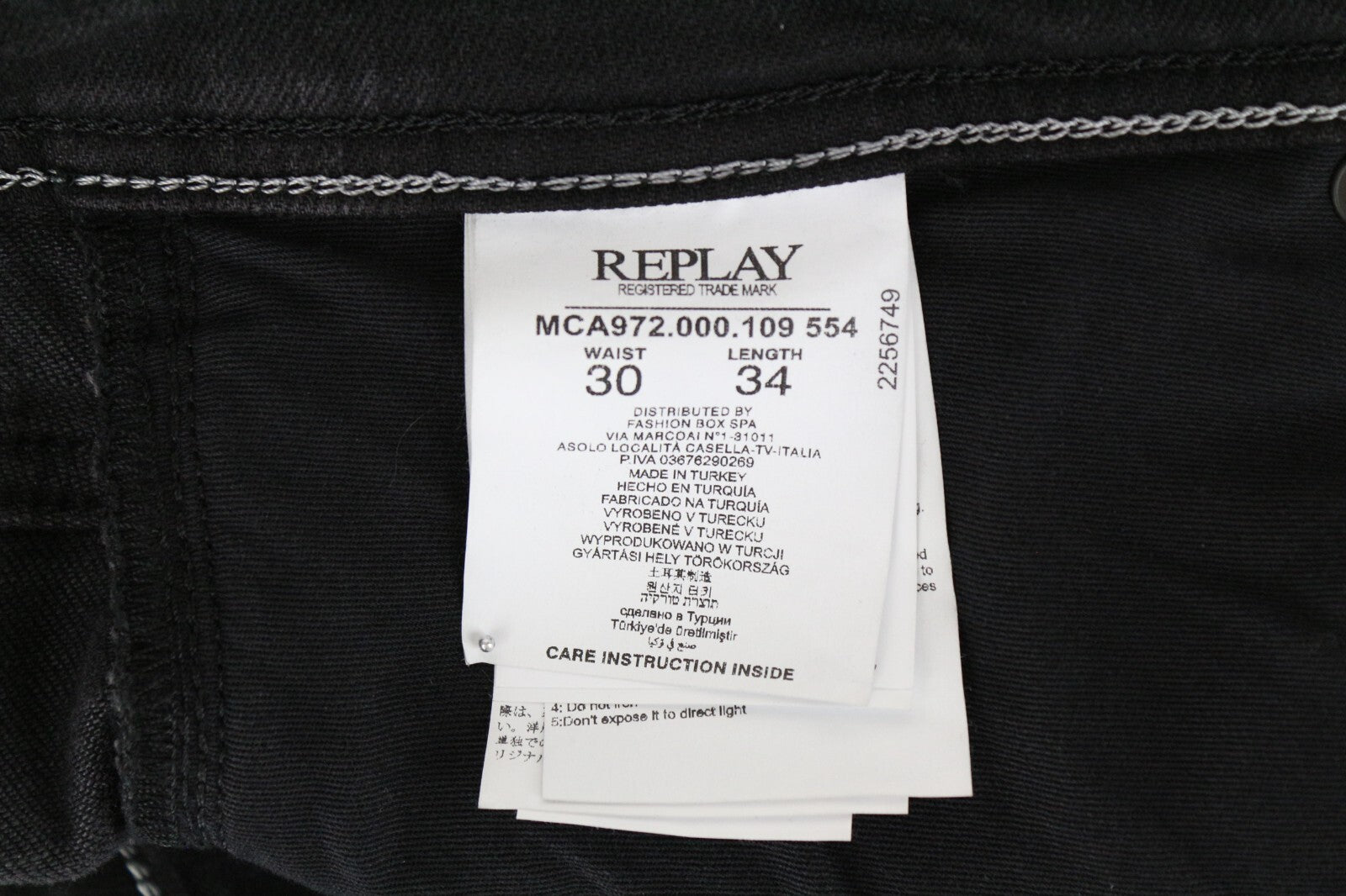 REPLAY Grover W30 L34 Black Selvedge Jeans Men's Washed Straight Fit Stretch