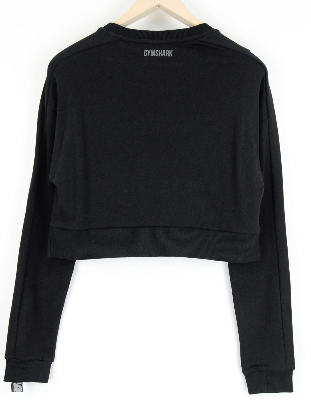 GYMSHARK moteriškas juodas džemperis ilgomis rankovėmis, trumpintas medvilninis megztinis S dydžio 