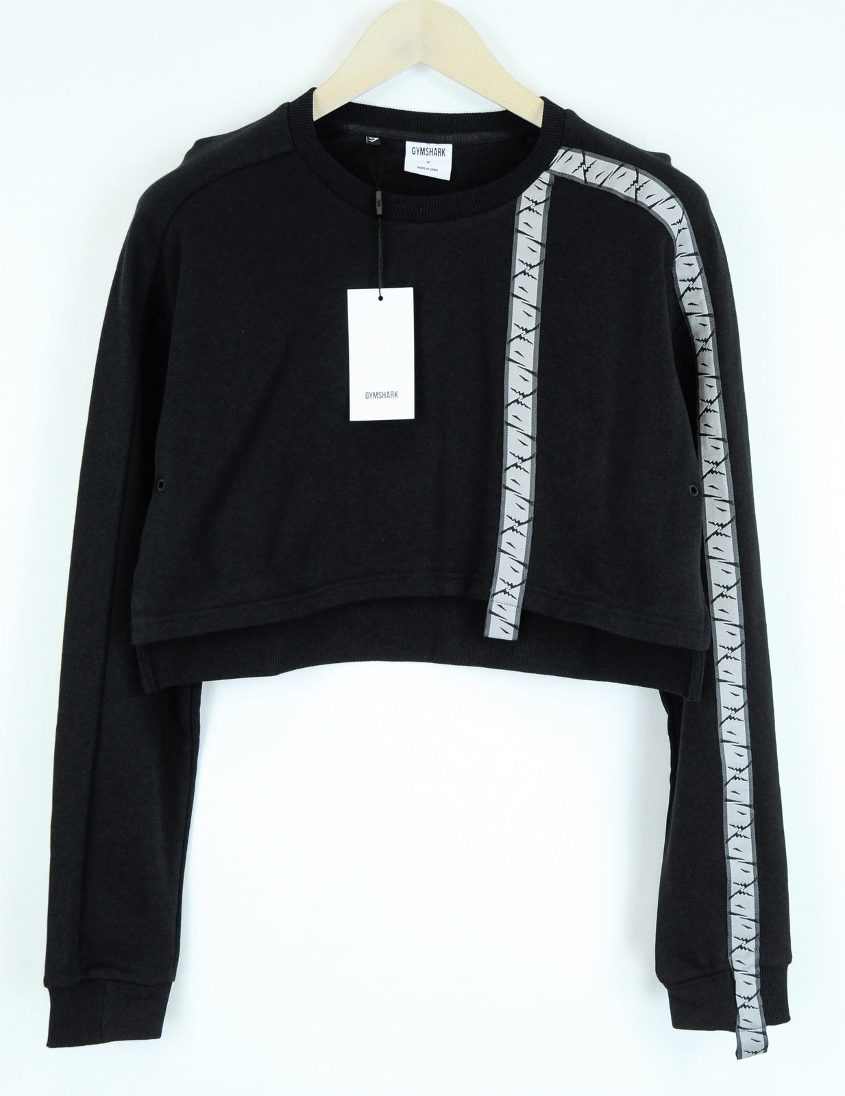 GYMSHARK moteriškas juodas džemperis ilgomis rankovėmis, trumpintas medvilninis megztinis S dydžio 