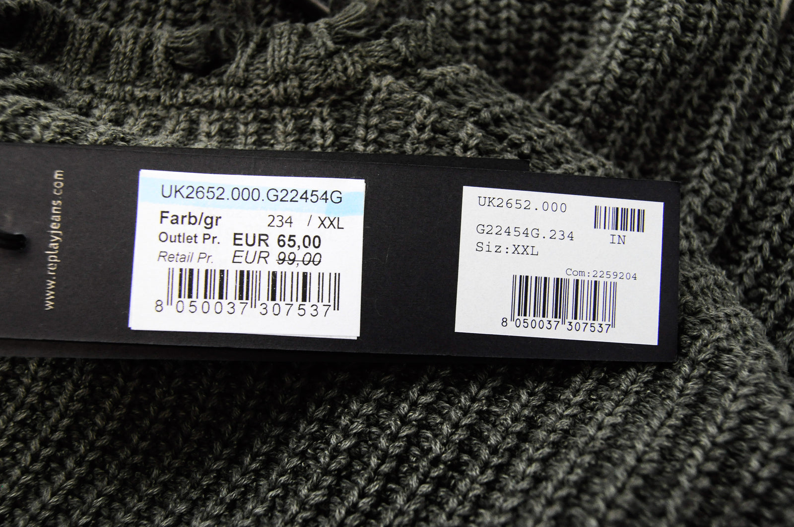 REPLAY vyriškas 2XL žalias megztinis ilgomis rankovėmis apvalia kaklo iškirpte 