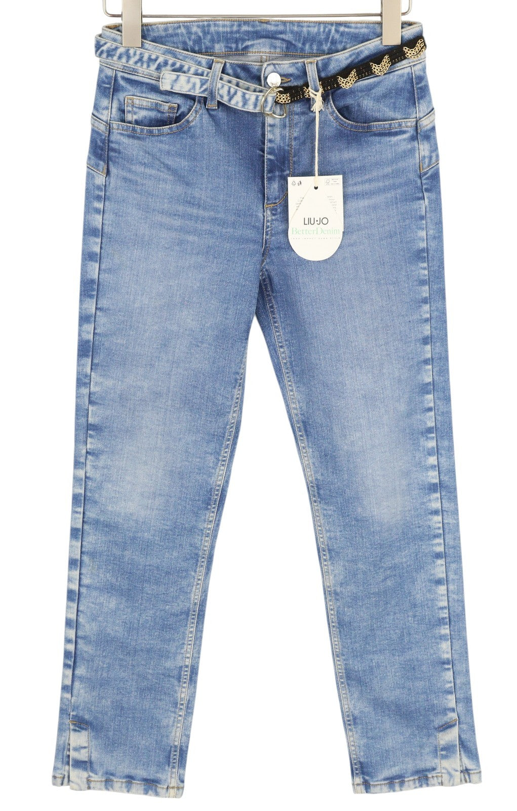LIU JO Women Jeans ~W30/L28 Washed Denim Blue Belted Split Zip Fly Slim Fit