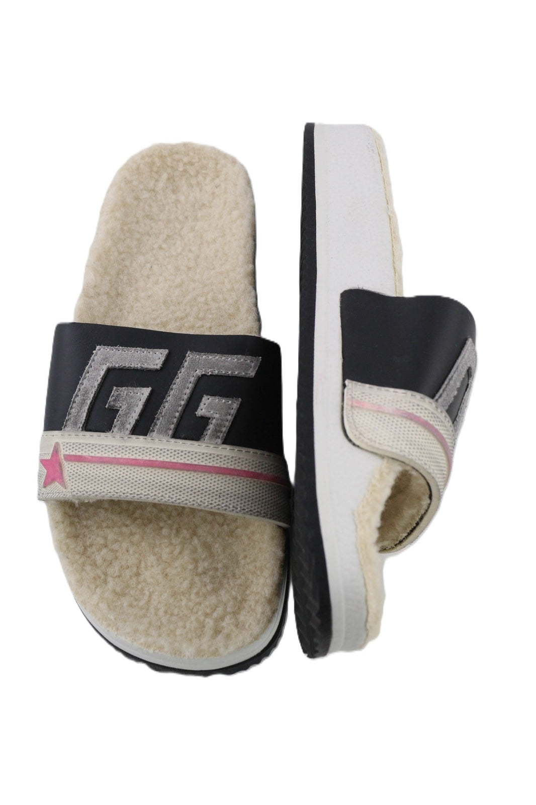 GOLDEN GOOSE Poolstar moteriškos šlepetės, 39 cm, baltos, smėlio spalvos, dirbtinio kailio, užsegamos. 