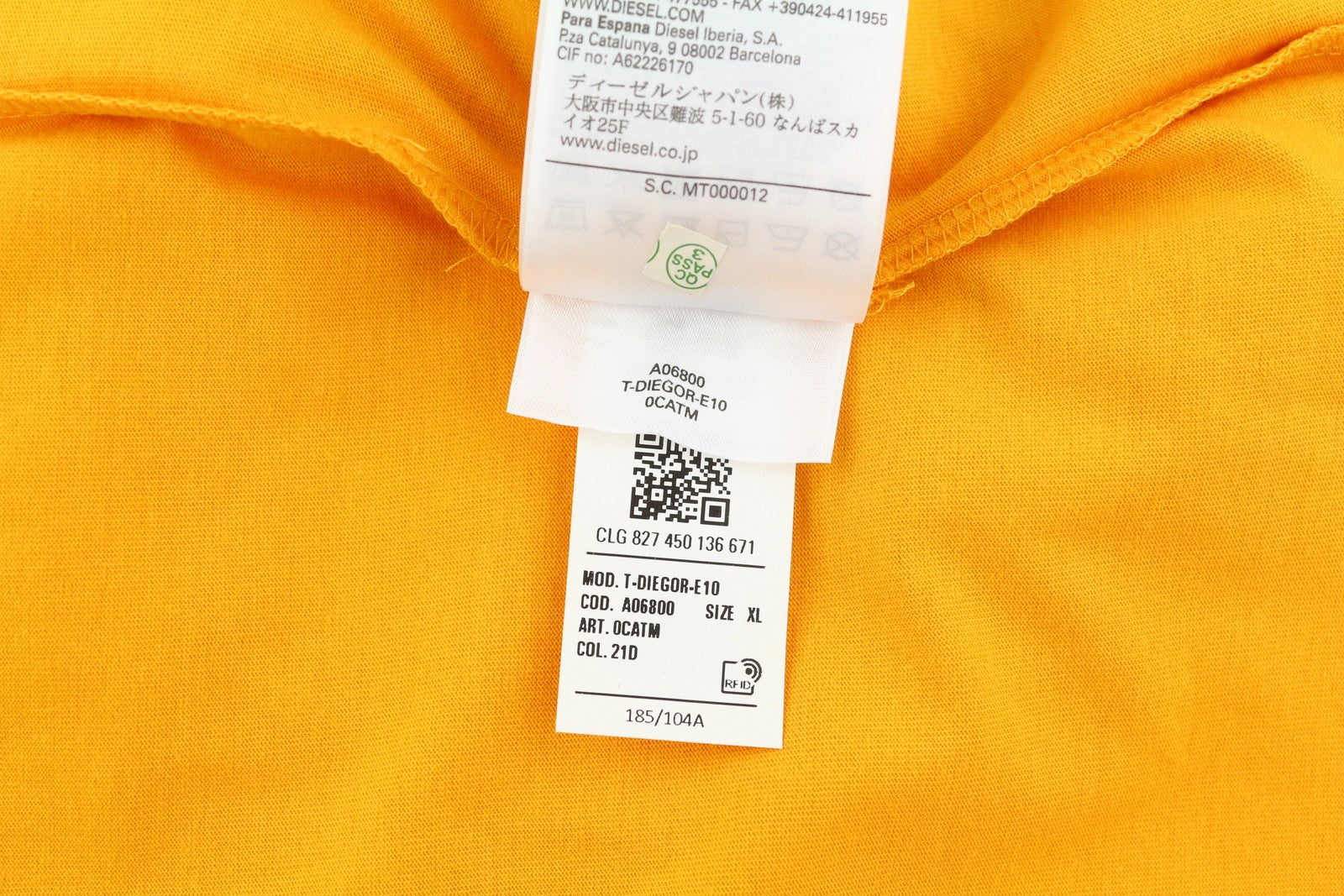 DIESEL T-Diegor-E10 Men T-Shirt XL Orange Short Sleeve Crew Neck Tricot Logo