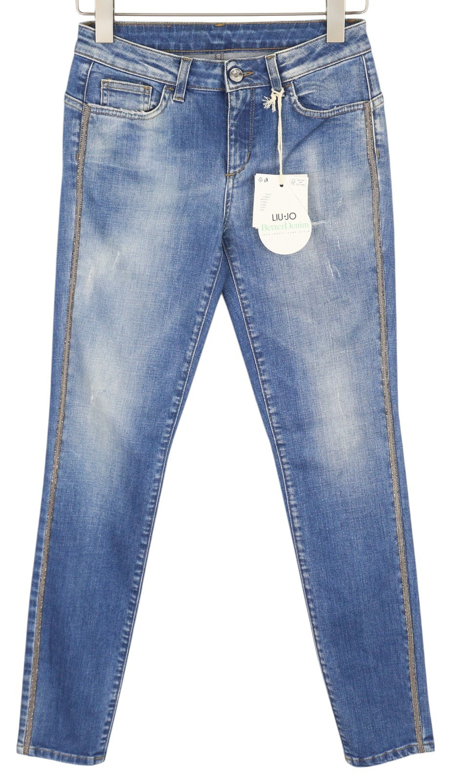LIU JO Evita Women Jeans W28 Washed Denim Blue Distress Ripped Skinny Fit Logo