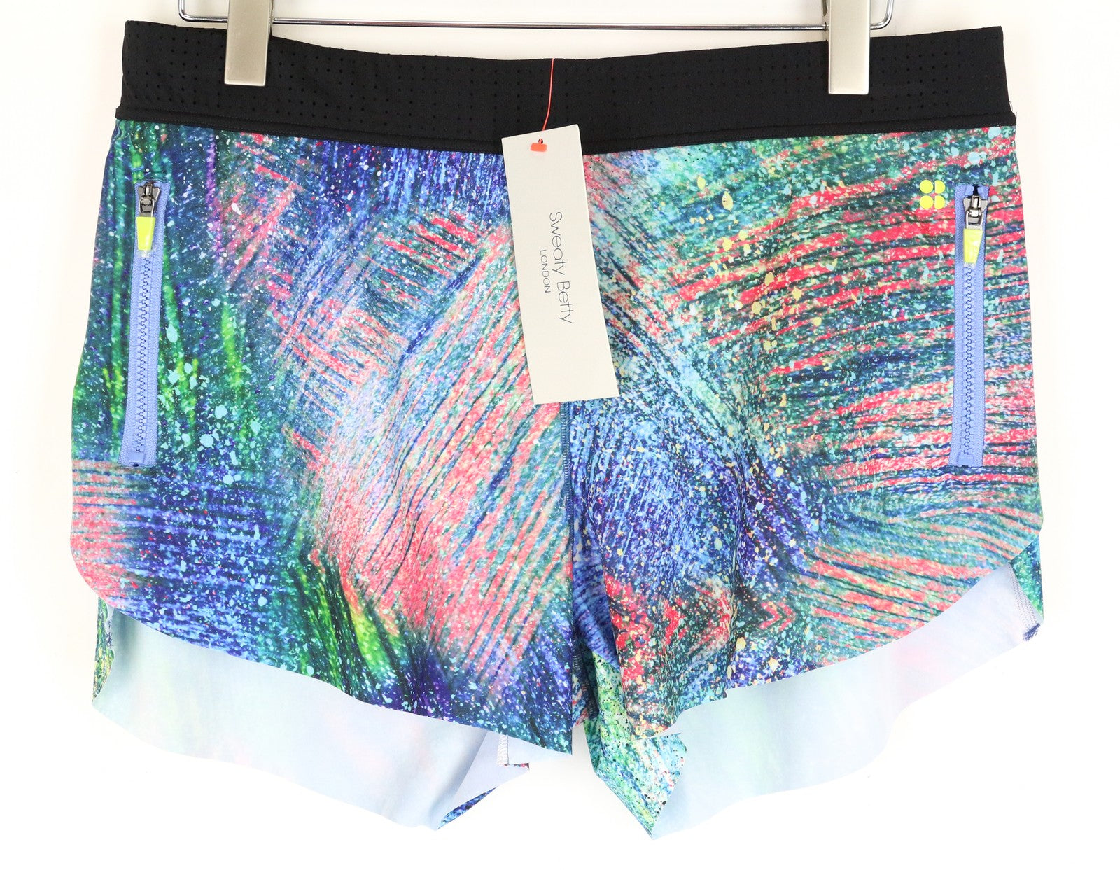 SWEATY BETTY trigubo šuolio šortai XL dydžio, mėlyni, sportinė apranga su užtrauktuku ir kišenėmis moterims. 