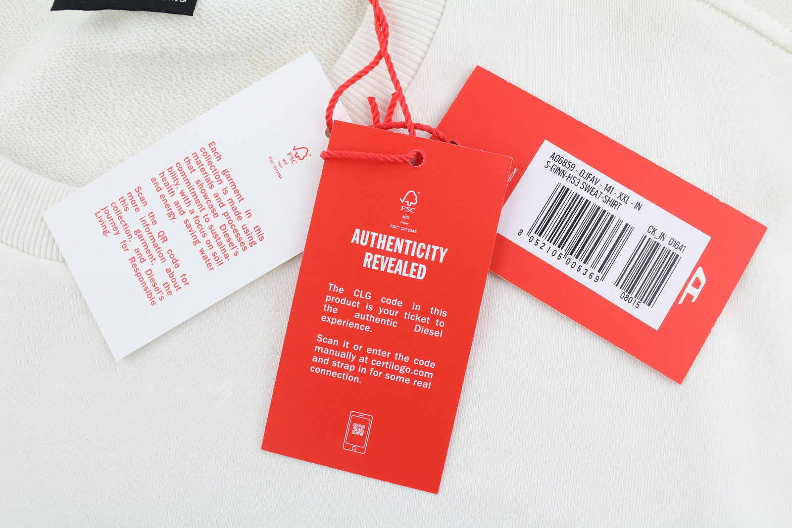 DIESEL S-Ginn-HS3 vyriškas džemperis, 2XL, baltas, apvalia kaklo iškirpte, RRP 125 €, šviesus 