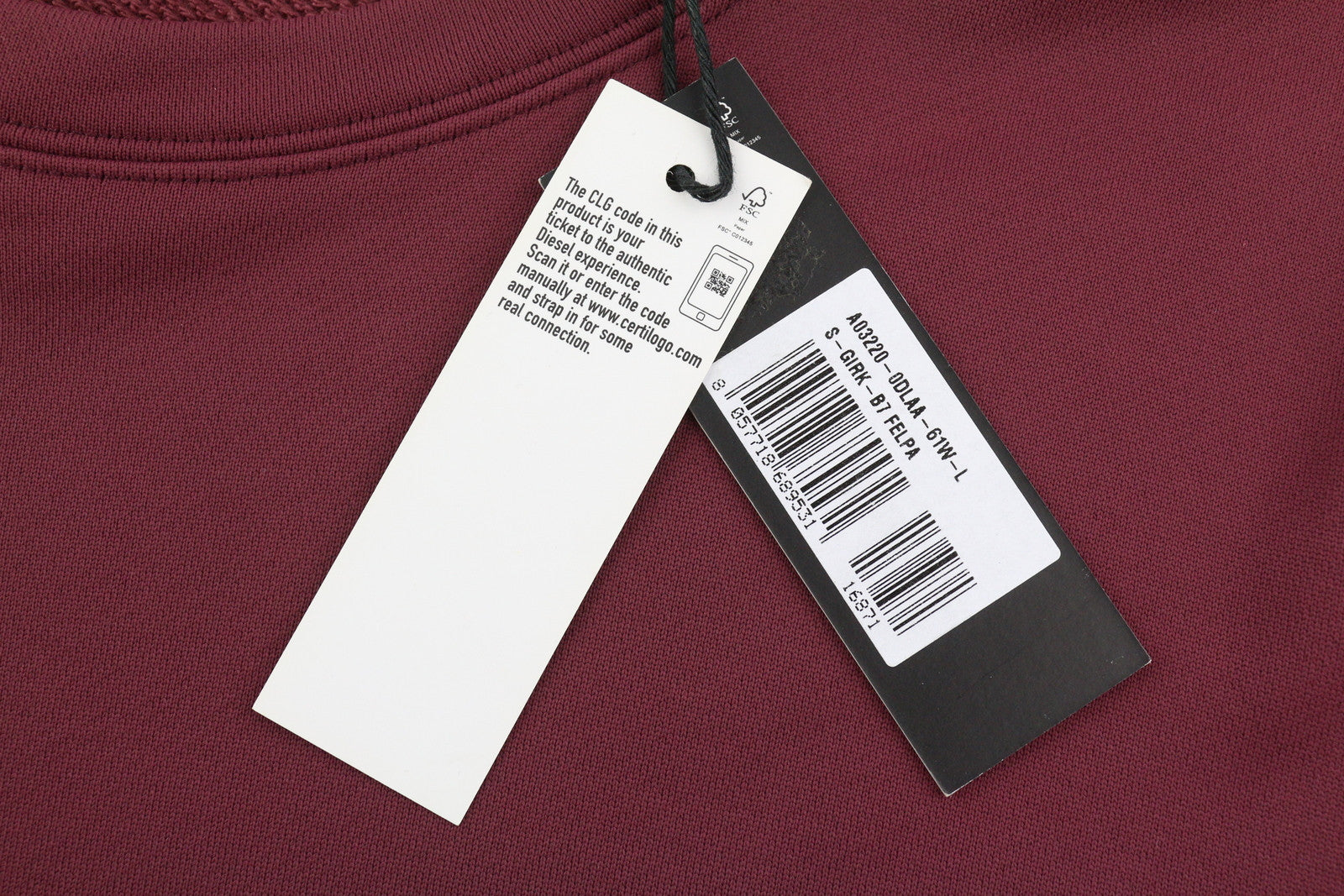 DIESEL S-Girk-B7 vyriškas džemperis L, bordo spalvos, su apvalia apykakle, rekomenduojama kaina – 140 € 