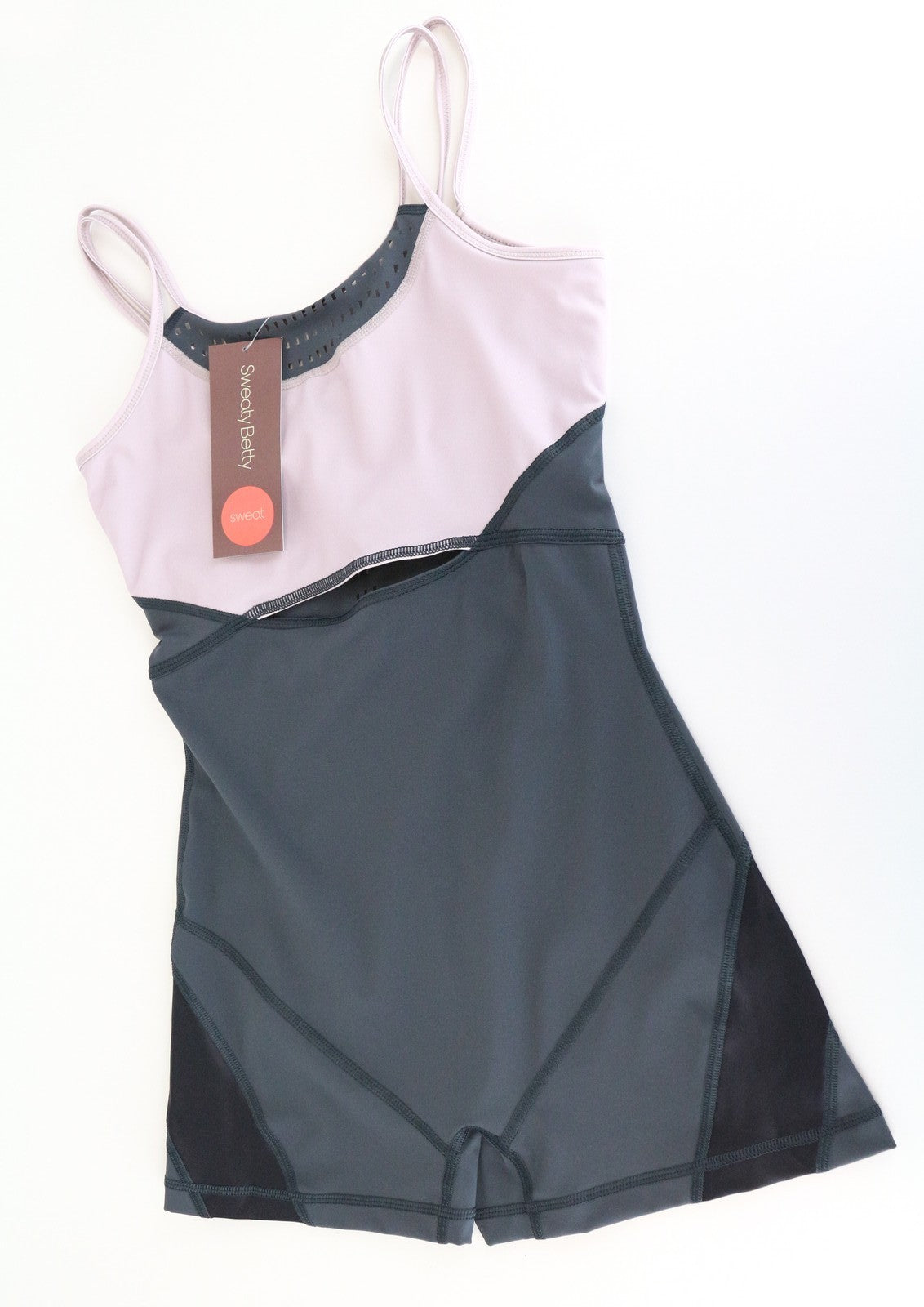 SWEATY BETTY Passe šokių bodis XS/S pilkai violetinis tamprus kombinezonas moterims 