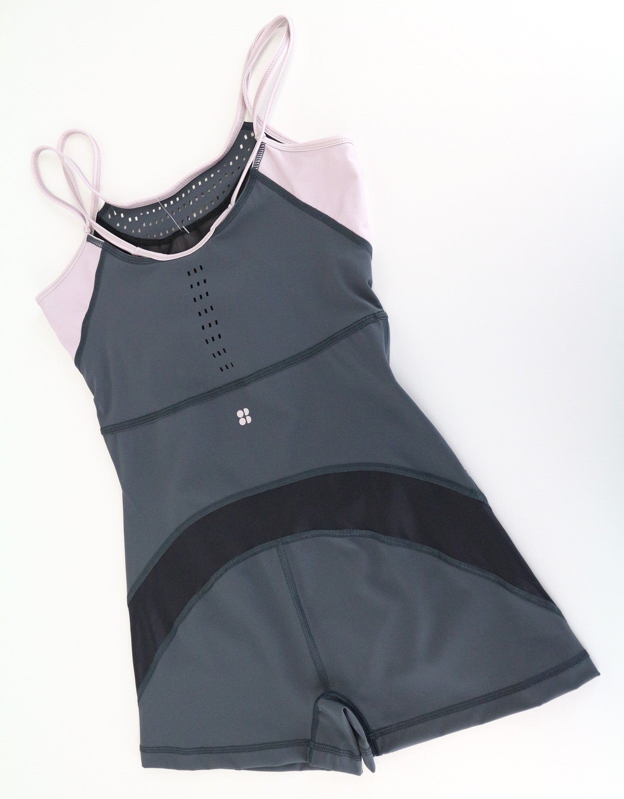 SWEATY BETTY Passe šokių bodis XS/S pilkai violetinis tamprus kombinezonas moterims 