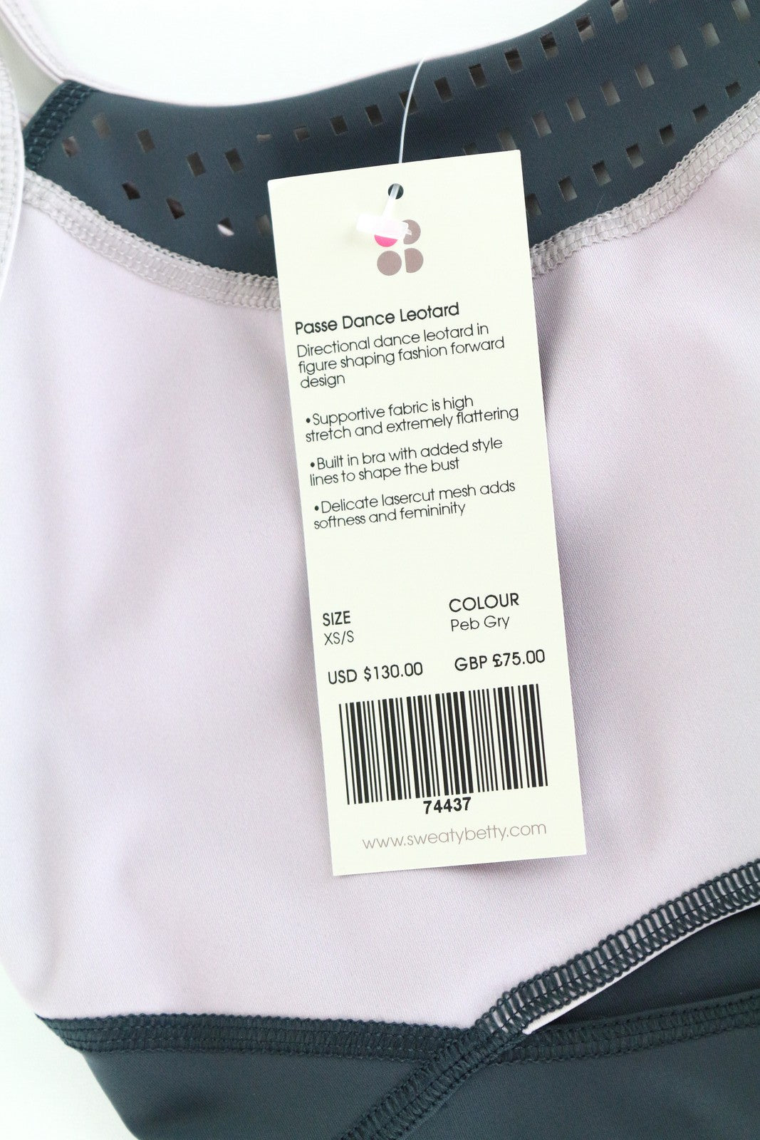 SWEATY BETTY Passe šokių bodis XS/S pilkai violetinis tamprus kombinezonas moterims 