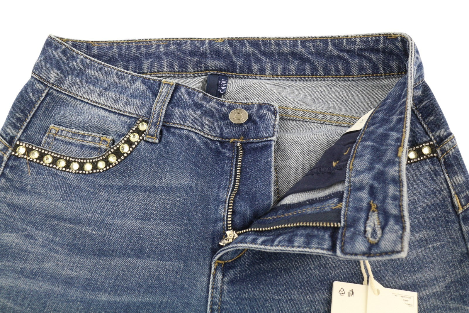 LIU JO Ideal Women Jeans W28 Blue Washed Skinny Fit Zip Fly Ankle Length Logo