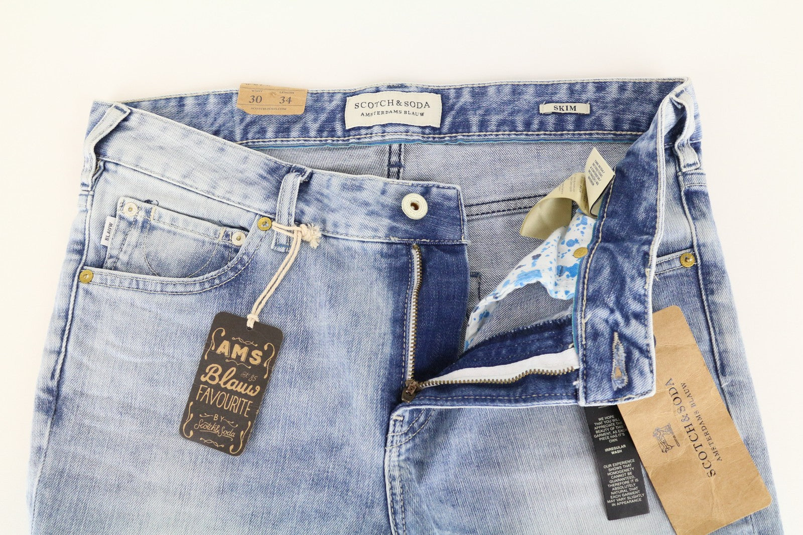 SCOTCH &amp; SODA vyriški aptempti džinsai W30 L34 aptempti mėlyni tamprūs medvilniniai džinsai 