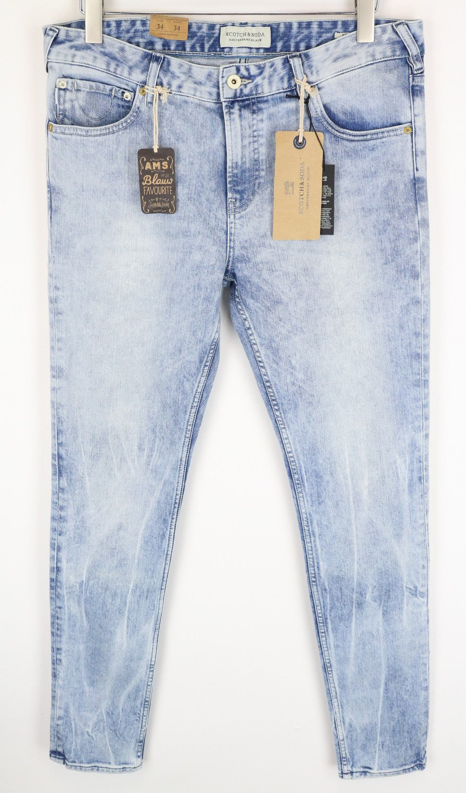 SCOTCH &amp; SODA Skinny džinsai, aptempti, W34/L34, mėlyni, medvilniniai, skalbto kirpimo, tamprūs, vyriški 