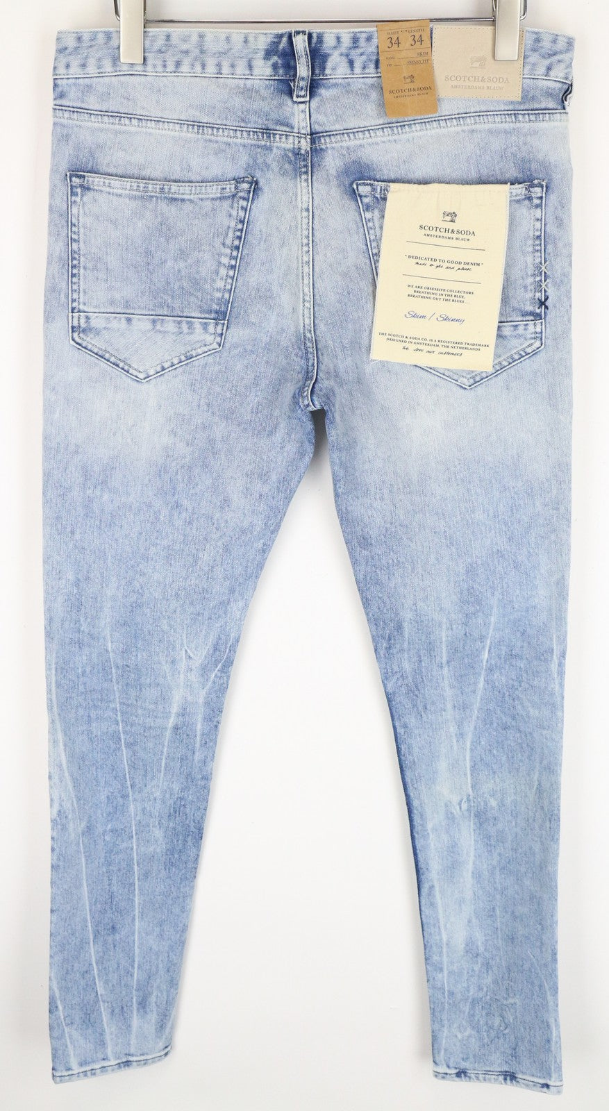 SCOTCH &amp; SODA Skinny džinsai, aptempti, W34/L34, mėlyni, medvilniniai, skalbto kirpimo, tamprūs, vyriški 