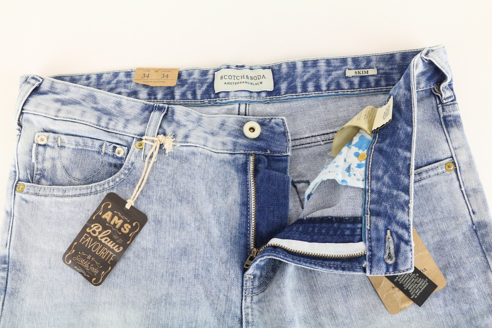 SCOTCH &amp; SODA Skinny džinsai, aptempti, W34/L34, mėlyni, medvilniniai, skalbto kirpimo, tamprūs, vyriški 