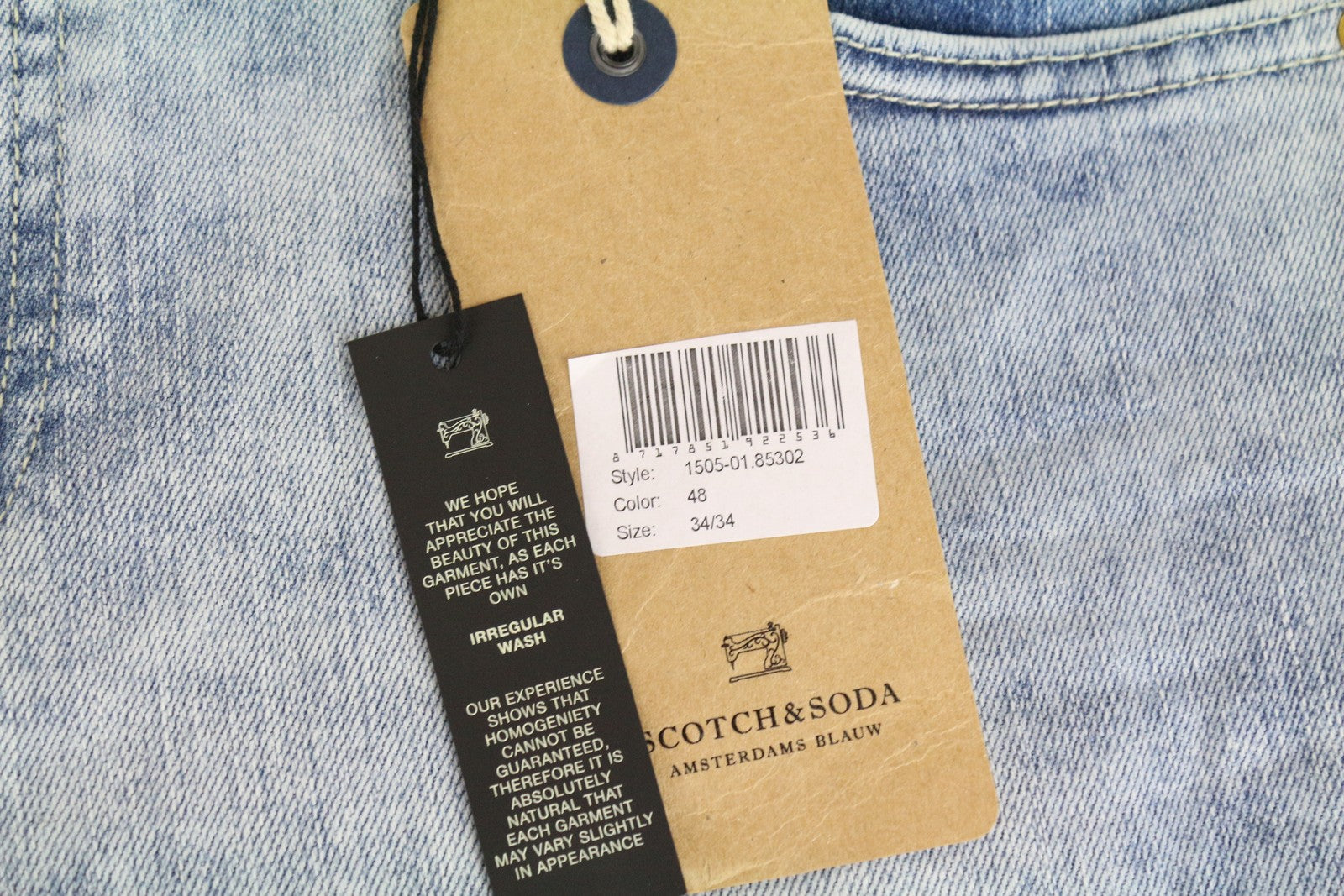 SCOTCH &amp; SODA Skinny džinsai, aptempti, W34/L34, mėlyni, medvilniniai, skalbto kirpimo, tamprūs, vyriški 