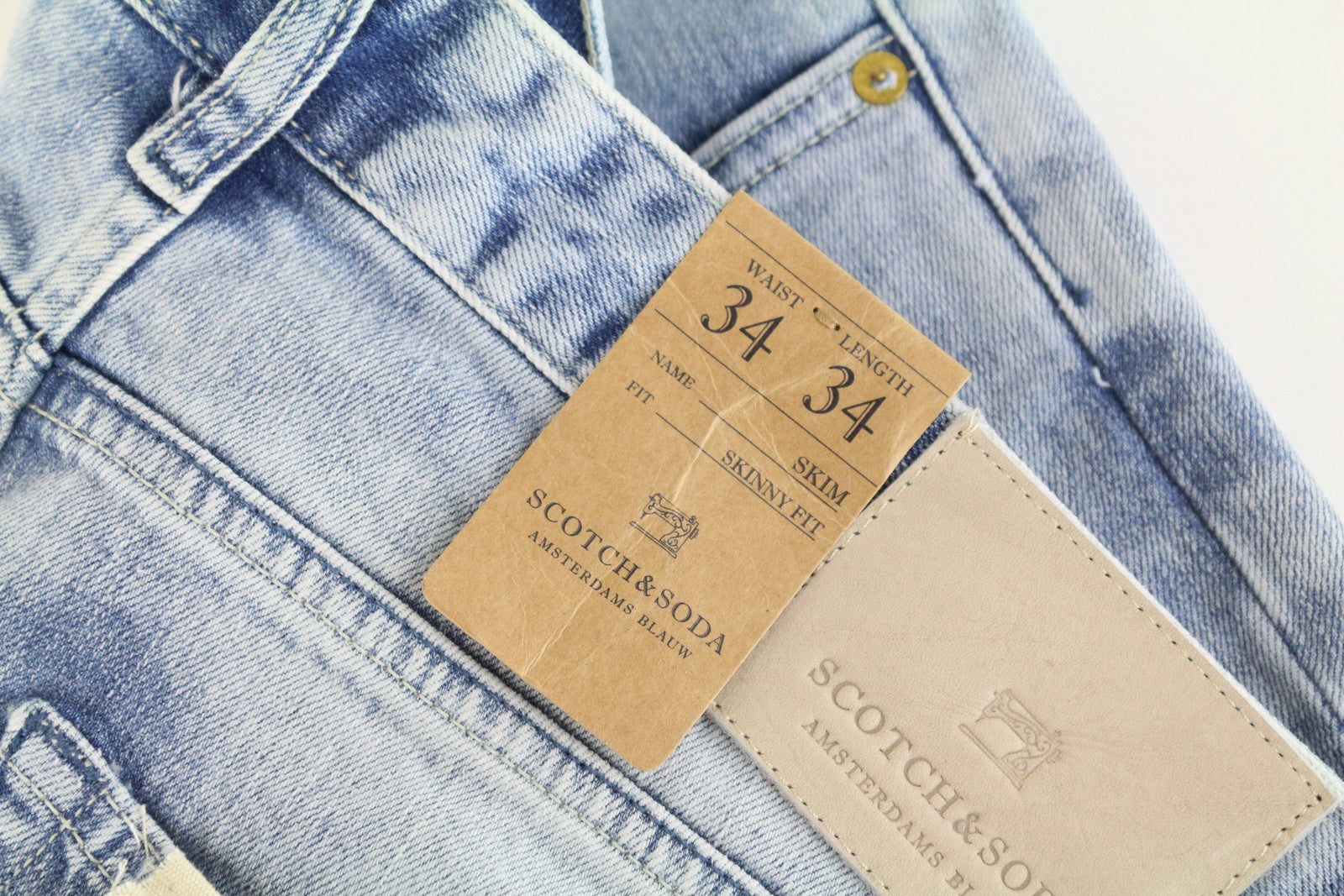 SCOTCH &amp; SODA Skinny džinsai, aptempti, W34/L34, mėlyni, medvilniniai, skalbto kirpimo, tamprūs, vyriški 