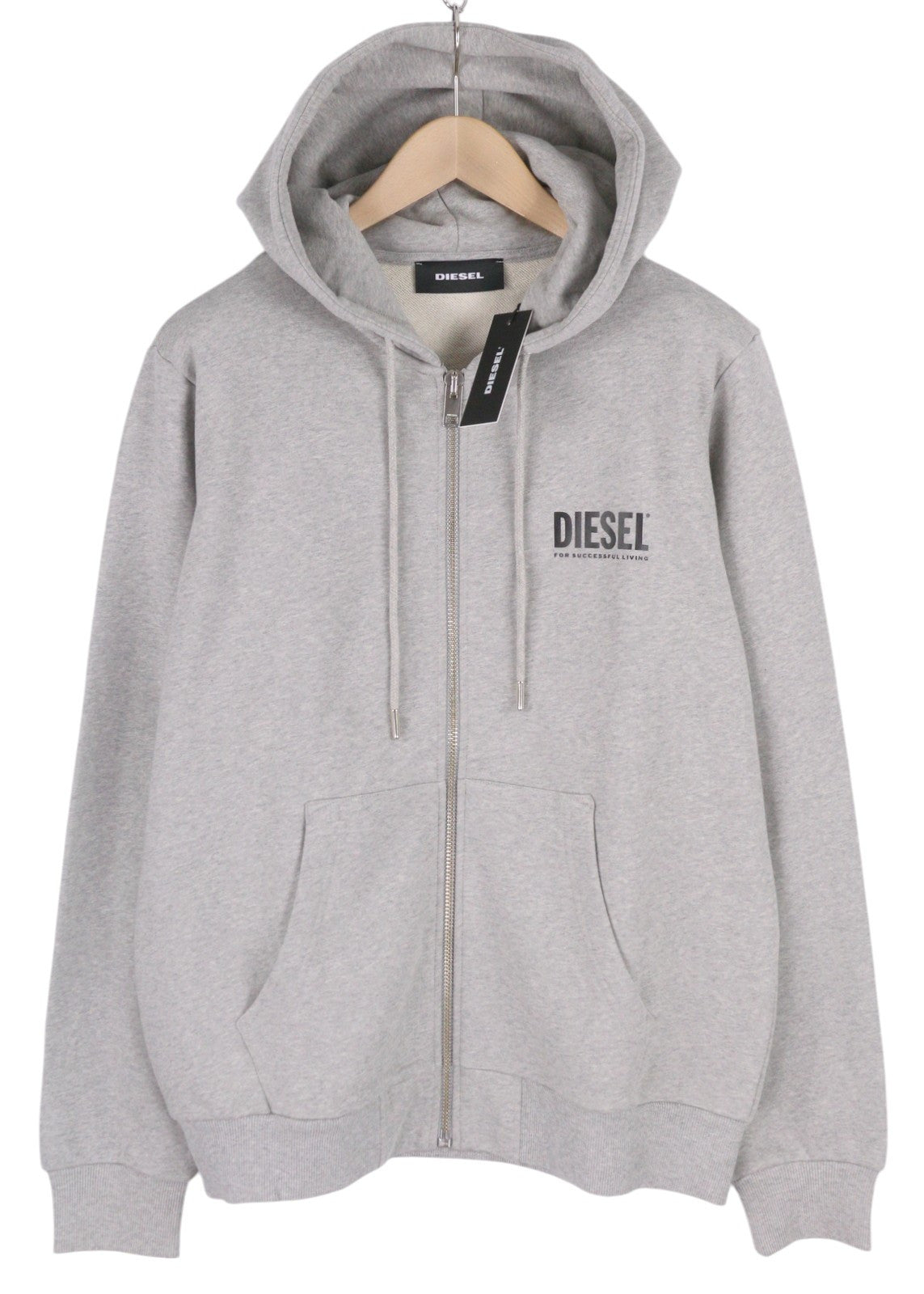 DIESEL S-Girk-Hood-Zip-Logo vyriškas džemperis su gobtuvu, L dydžio, pilkas melanžas, su pilnomis užtrauktukais, rekomenduojama kaina – 170 € 