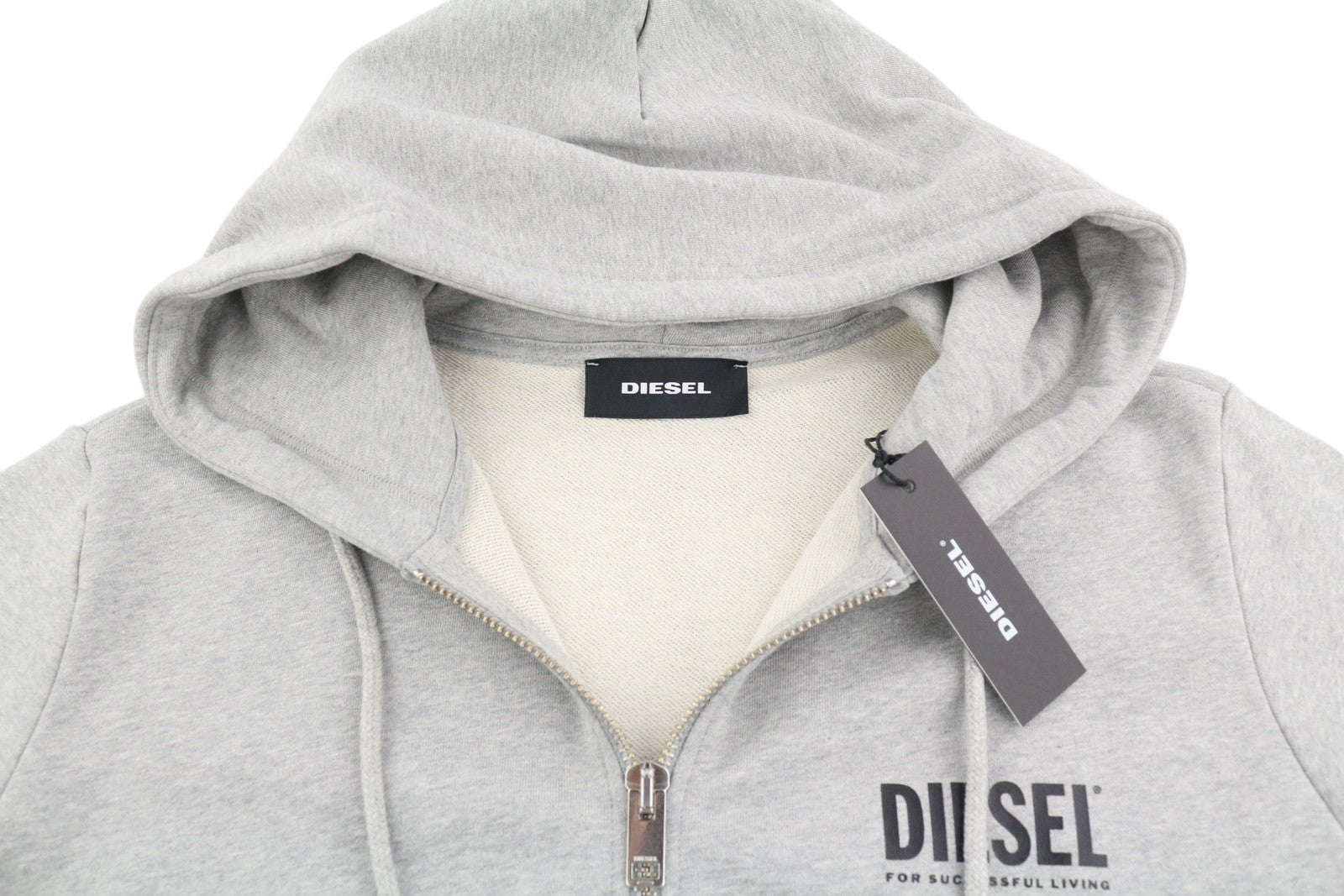 DIESEL S-Girk-Hood-Zip-Logo vyriškas džemperis su gobtuvu, L dydžio, pilkas melanžas, su pilnomis užtrauktukais, rekomenduojama kaina – 170 € 