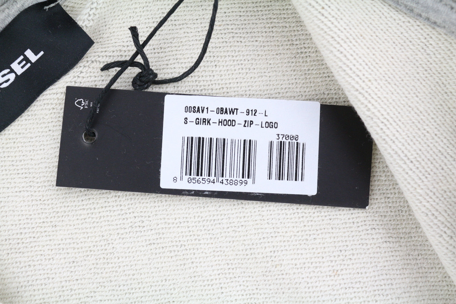 DIESEL S-Girk-Hood-Zip-Logo vyriškas džemperis su gobtuvu, L dydžio, pilkas melanžas, su pilnomis užtrauktukais, rekomenduojama kaina – 170 € 