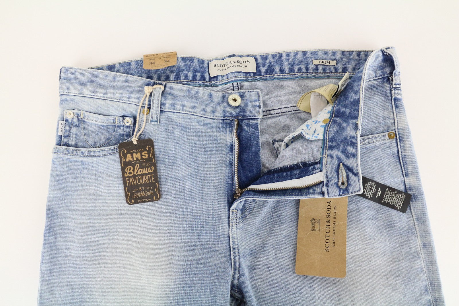 SCOTCH &amp; SODA Skim W34/L34 mėlyni tamprūs džinsai, aptempti, skalbto džinso rašto vyriški 