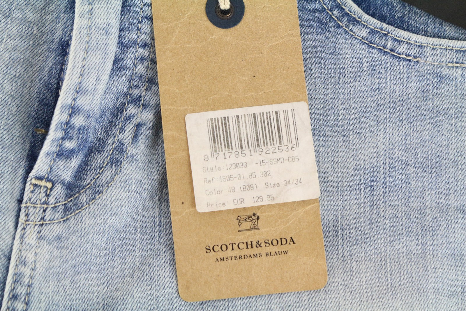 SCOTCH &amp; SODA Skim W34/L34 mėlyni tamprūs džinsai, aptempti, skalbto džinso rašto vyriški 