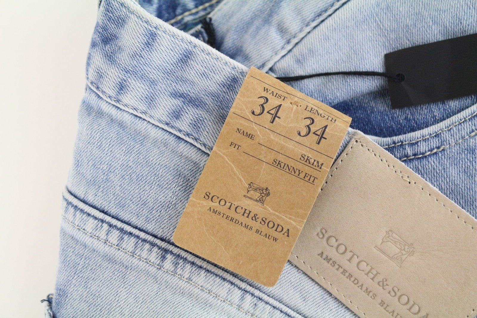 SCOTCH &amp; SODA Skim W34/L34 mėlyni tamprūs džinsai, aptempti, skalbto džinso rašto vyriški 