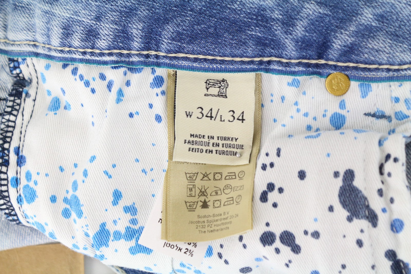 SCOTCH &amp; SODA Skim W34/L34 mėlyni tamprūs džinsai, aptempti, skalbto džinso rašto vyriški 