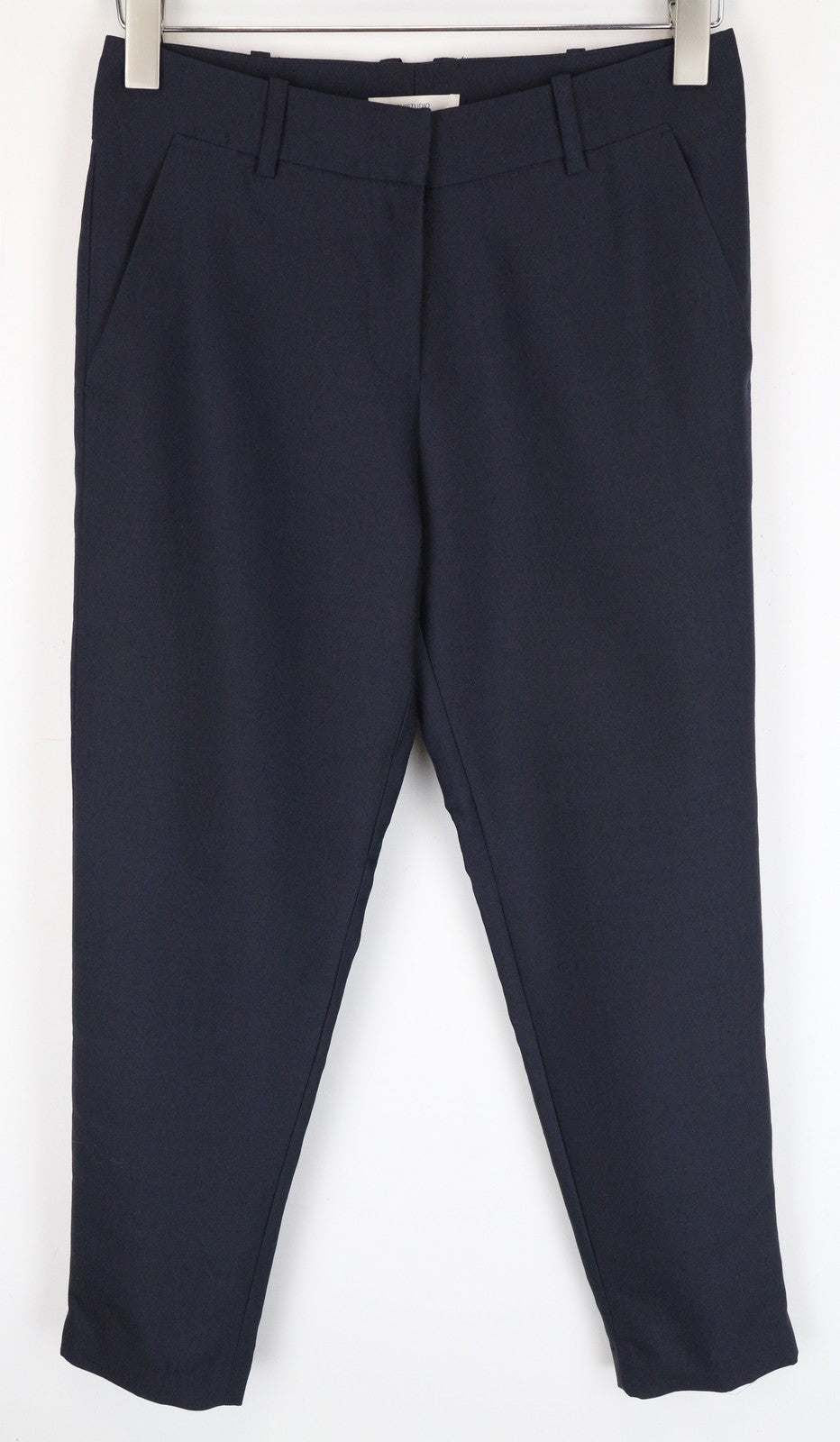 SUISTUDIO Lucian Tamsiai mėlynos vilnos ir šilko kelnės EU34R klostuotas pamušalas klasikinės moteriškos 