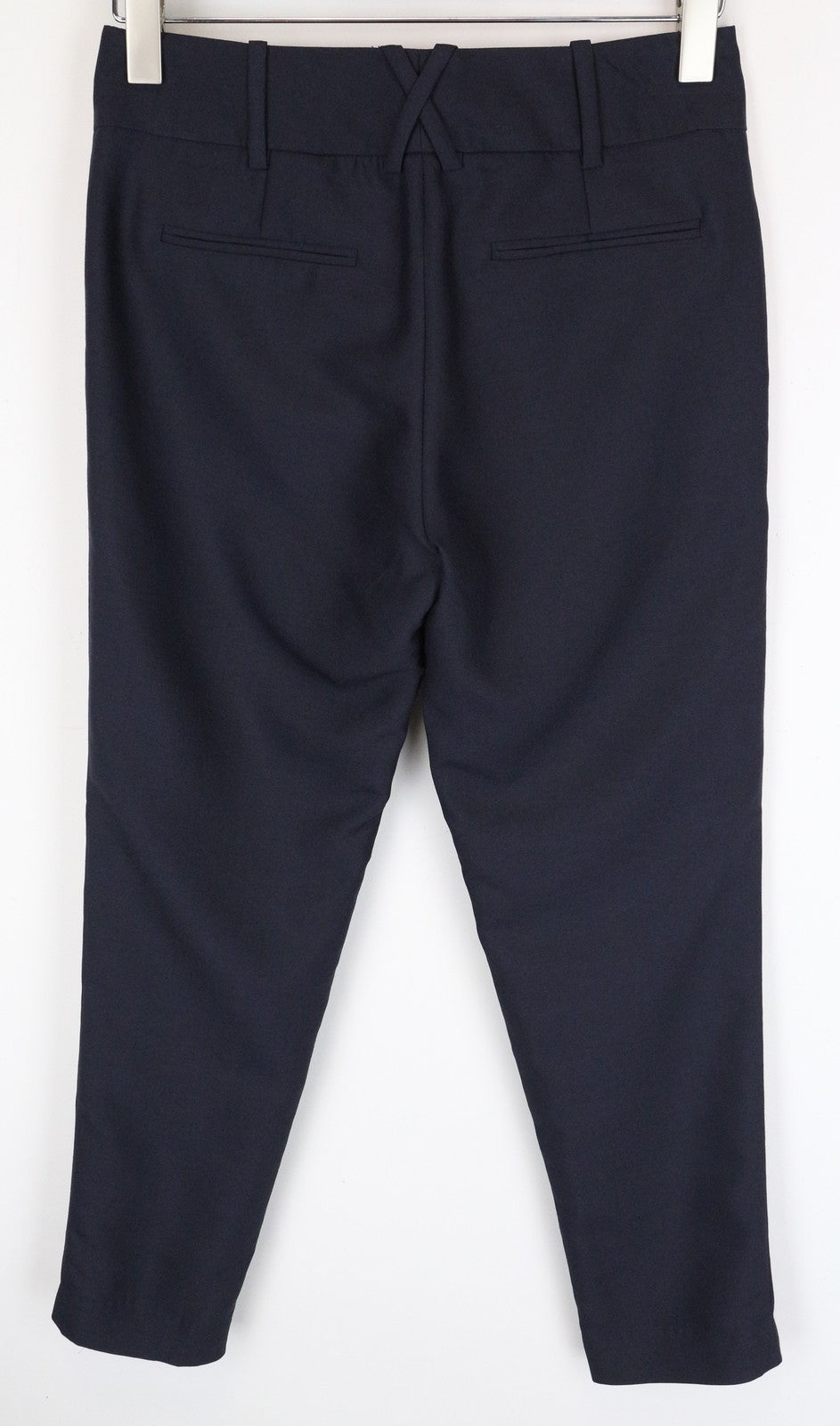 SUISTUDIO Lucian Tamsiai mėlynos vilnos ir šilko kelnės EU34R klostuotas pamušalas klasikinės moteriškos 