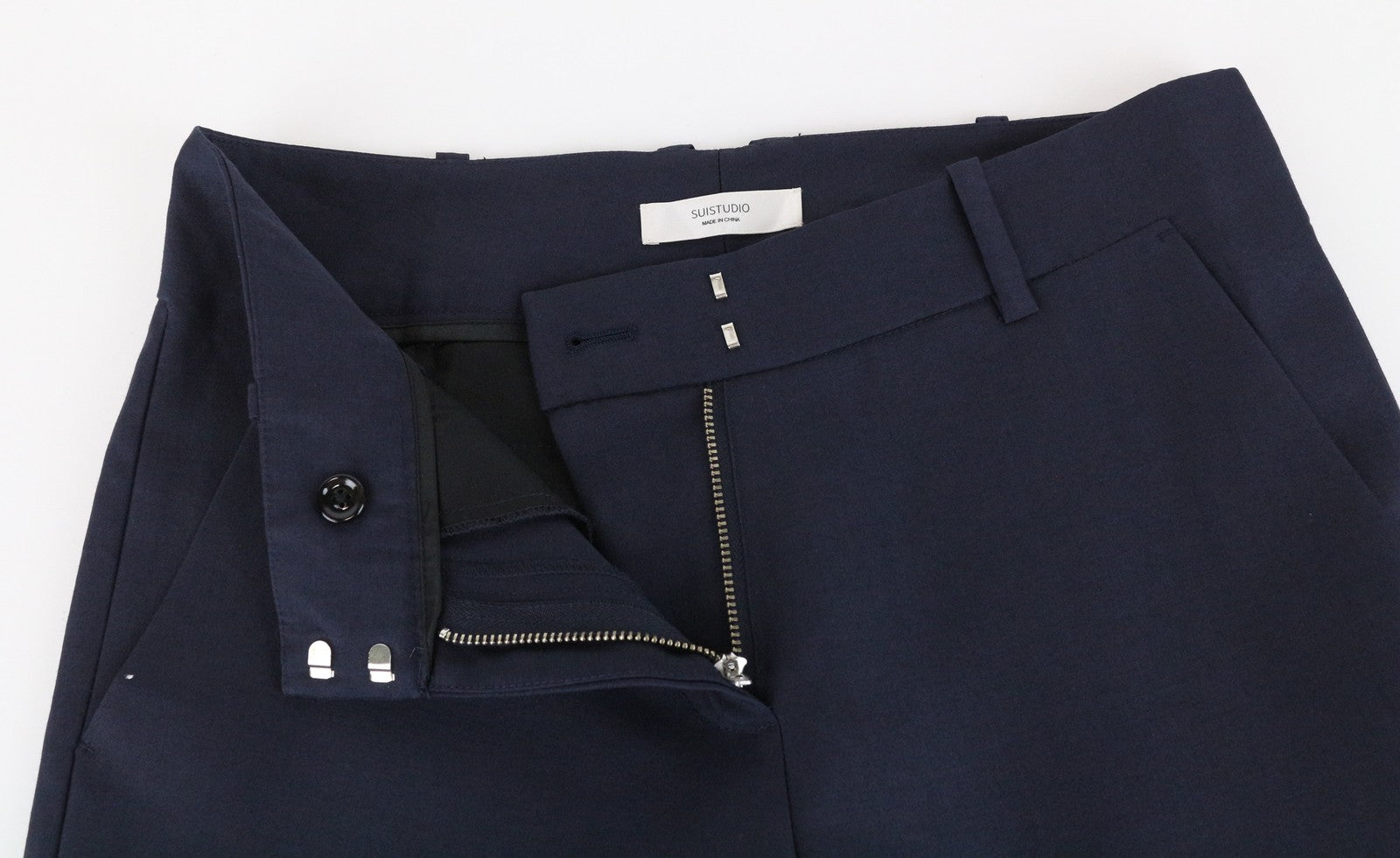 SUISTUDIO Lucian Tamsiai mėlynos vilnos ir šilko kelnės EU34R klostuotas pamušalas klasikinės moteriškos 