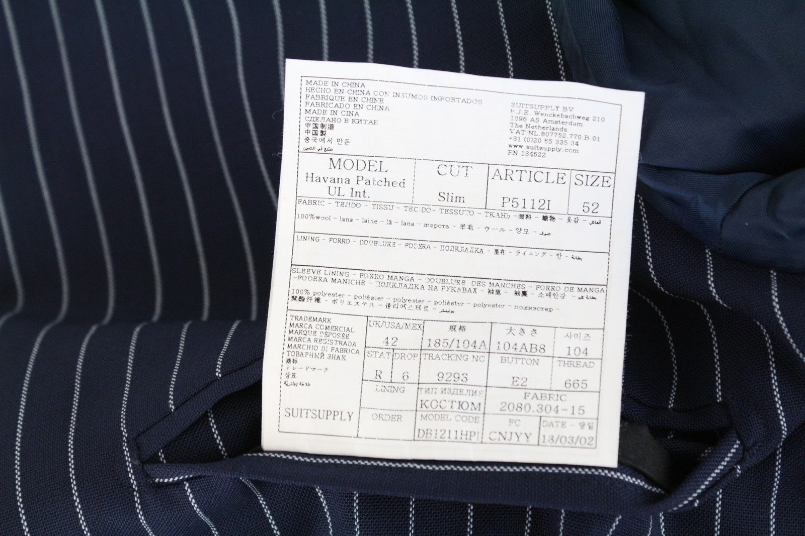 „SUITSUPPLY Havana Traveller“ švarkas UK42R mėlynas, plonas, dryžuotas vyriškas švarkas be pamušalo 